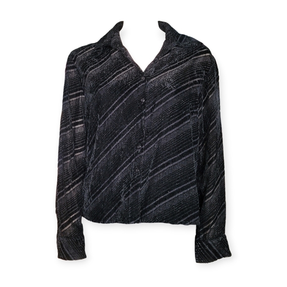 Vintage Tops - Vintage 90s Y2K Pulli Black Velvet Burnout Stripe Shirt Whimsigoth Goth